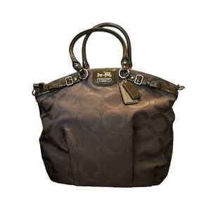 Coach 18645 Madison Op Art Lindsey Flint Grey Jacquard/Patent Leather Satchel